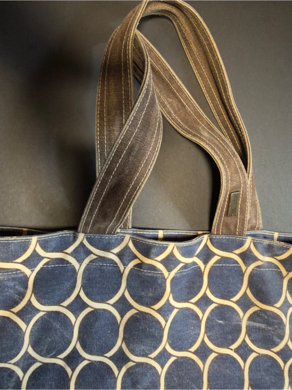 Saltbox Navy Circle-Print Canvas Messenger Tote with Brown Straps